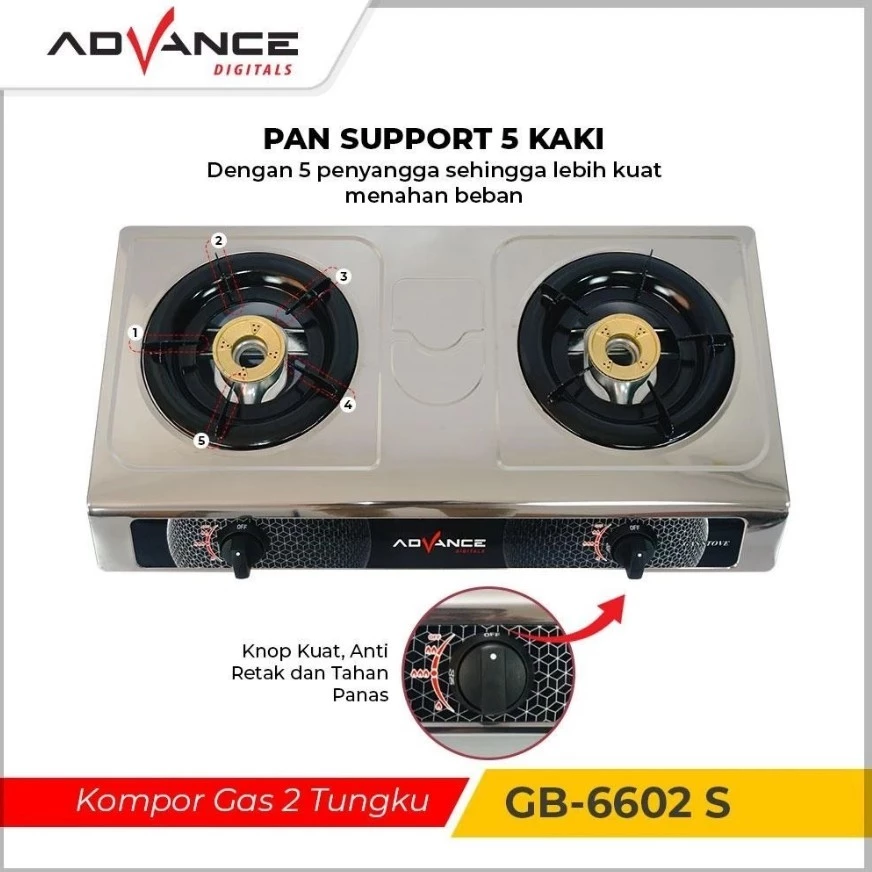 Advance Kompor Gas 2 Tungku Api Biru GB6602S GB201K Tempered Glass Stainless Steel Garansi Resmi 1 Tahun - Gambar 4