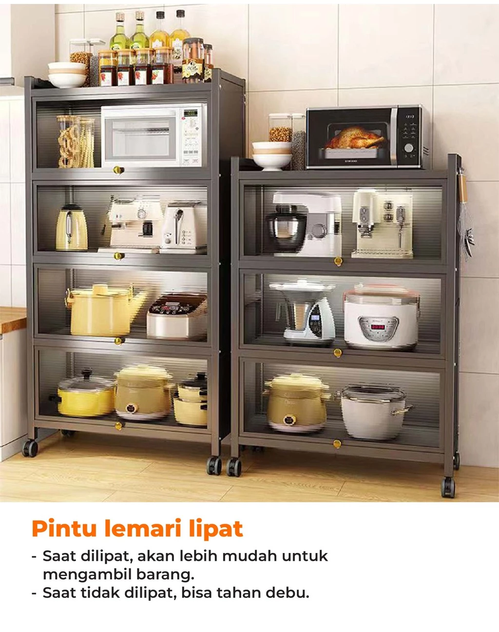 Homedoki Lemari Dapur Rak Piring Minimalis Tertutup Baja Karbon dengan Roda - Gambar 10