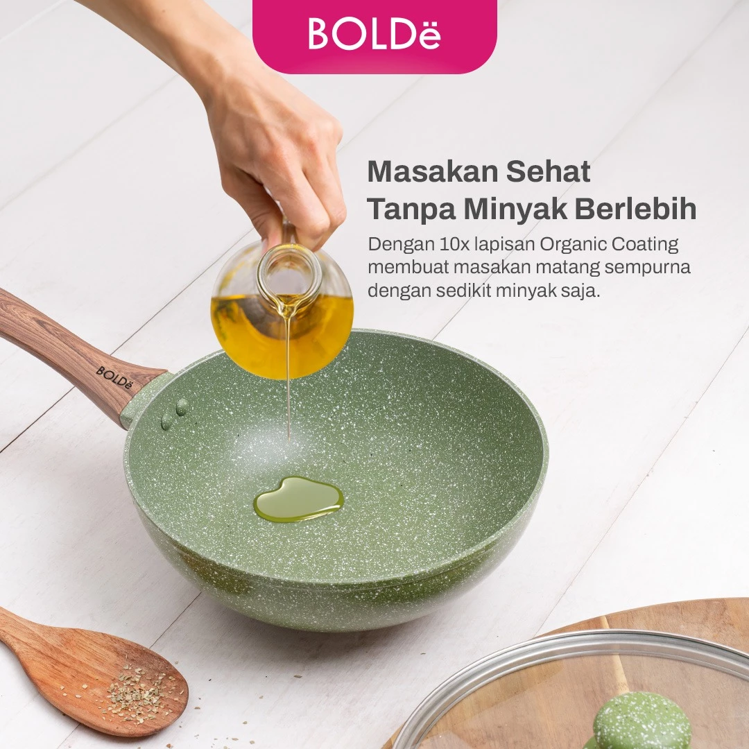 BOLDe Organic Green Cookware Set Wajan Granit Anti Lengket Fry Pan 22cm Wok 24cm Tutup Kaca - Gambar 5