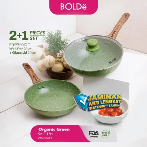 BOLDe Organic Green Cookware Set Wajan Granit Anti Lengket Fry Pan 22cm Wok 24cm Tutup Kaca