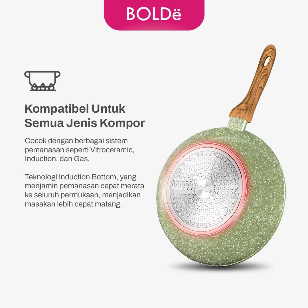 BOLDe Organic Green Cookware Set Wajan Granit Anti Lengket Fry Pan 22cm Wok 24cm Tutup Kaca - Gambar 4