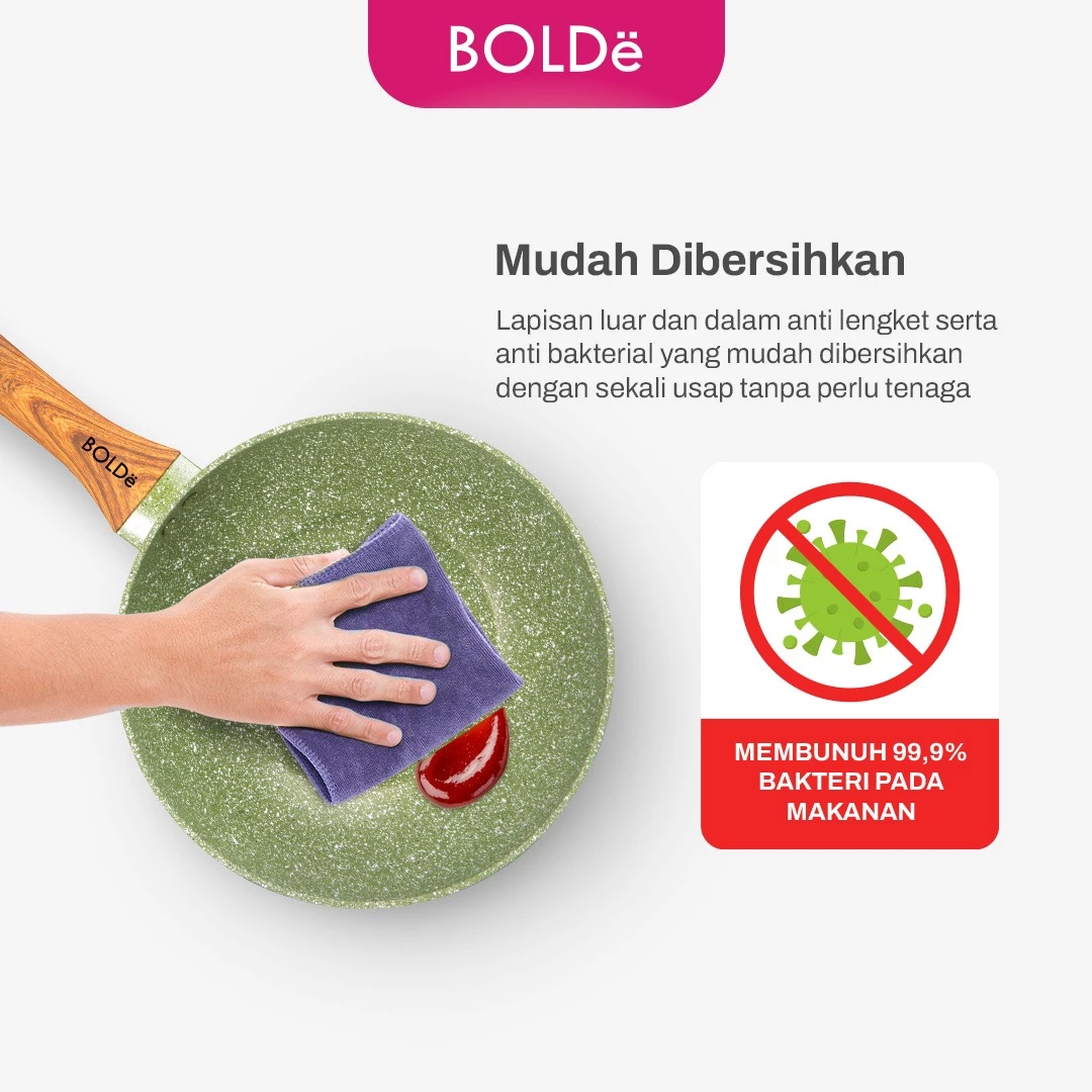 BOLDe Organic Green Cookware Set Wajan Granit Anti Lengket Fry Pan 22cm Wok 24cm Tutup Kaca - Gambar 2